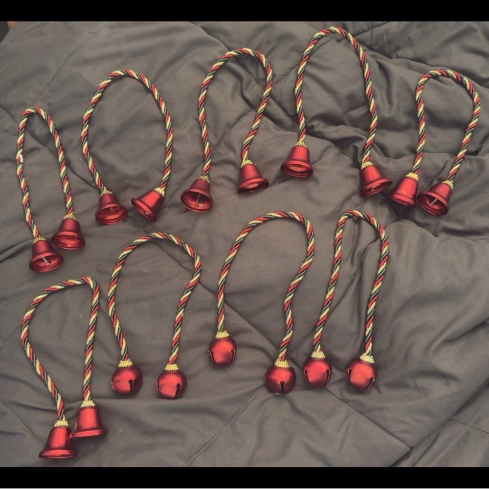 9 - Festive Christmas Tree Red Bell Ornaments with Twisted Red Green Gold Rope